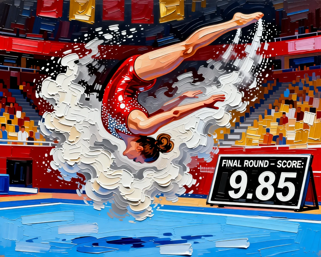 A gymnast frozen mid-flip above a competition mat, chalk dust hanging in the air