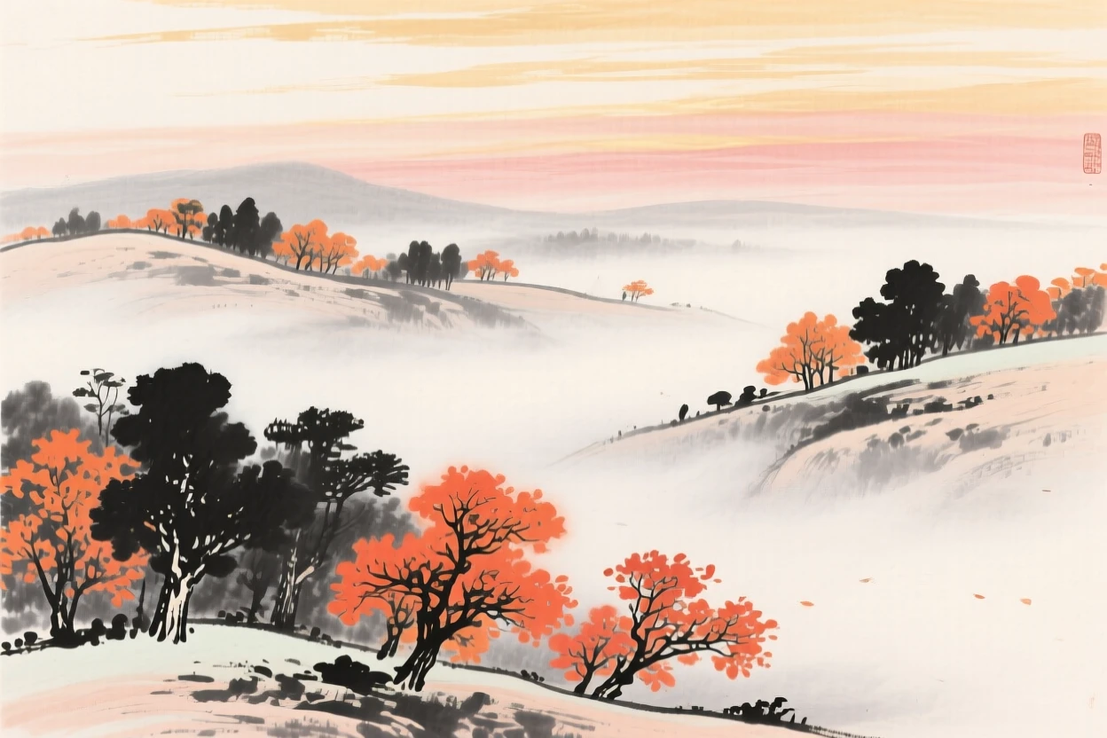 Autumn mist settles over a valley dotted with orange and crimson trees, beneath a sky streaked with the soft colors of late afternoon.