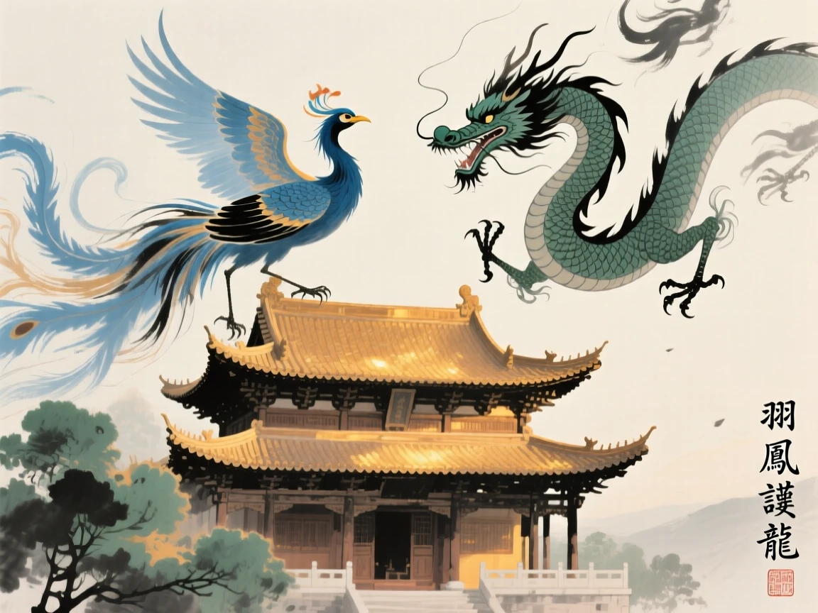 A phoenix and dragon circling above a temple bathed in golden light, touched with gentle melancholy.