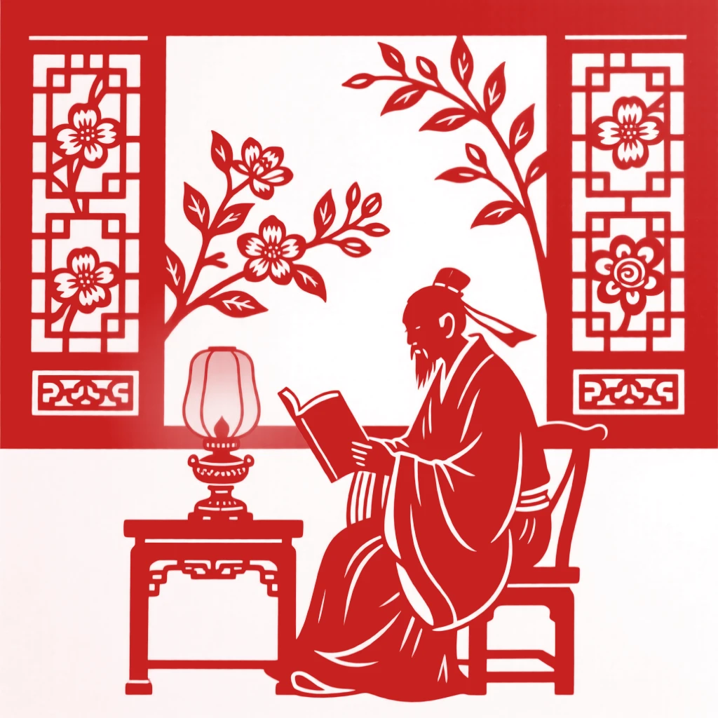 A scholar reading by lamplight in a quiet study, an open window letting in the scent of night-blooming jasmine