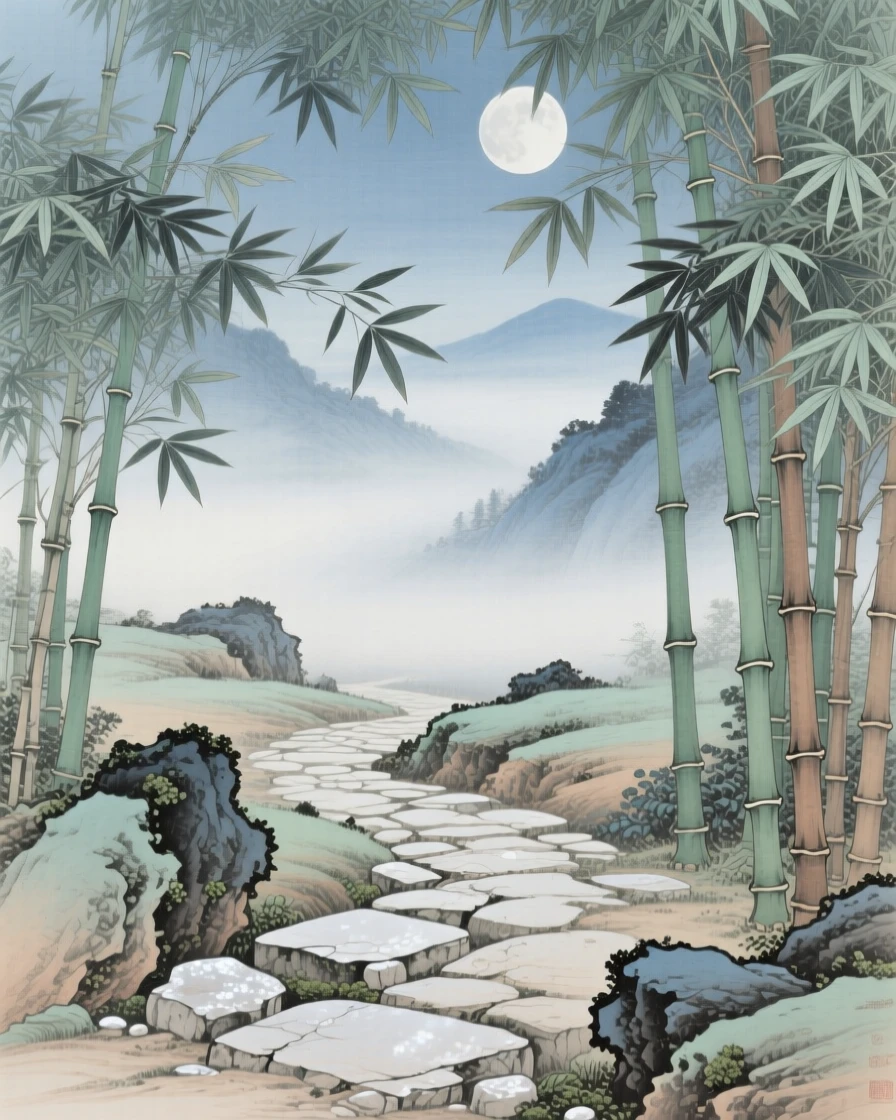 Moonlight filtering through bamboo leaves onto a stone path, with soft mist drifting across the valley floor