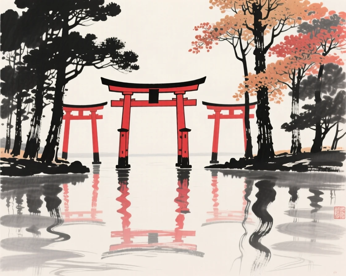 A row of red temple gates framed by tall autumn trees, seen from across still water, reflected on the surface, conveying quiet reverence for the past.