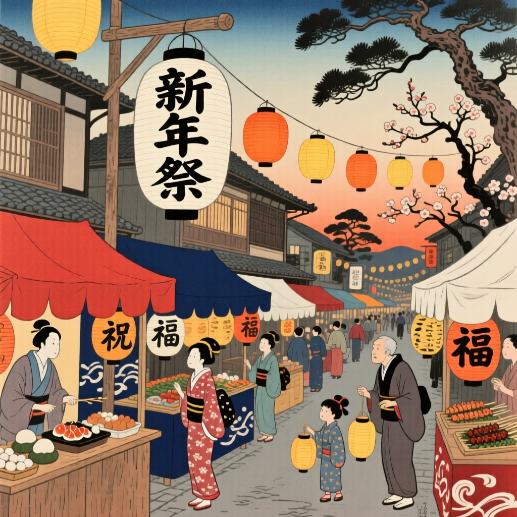 A New Year gathering bursting with food stalls and glowing lanterns.