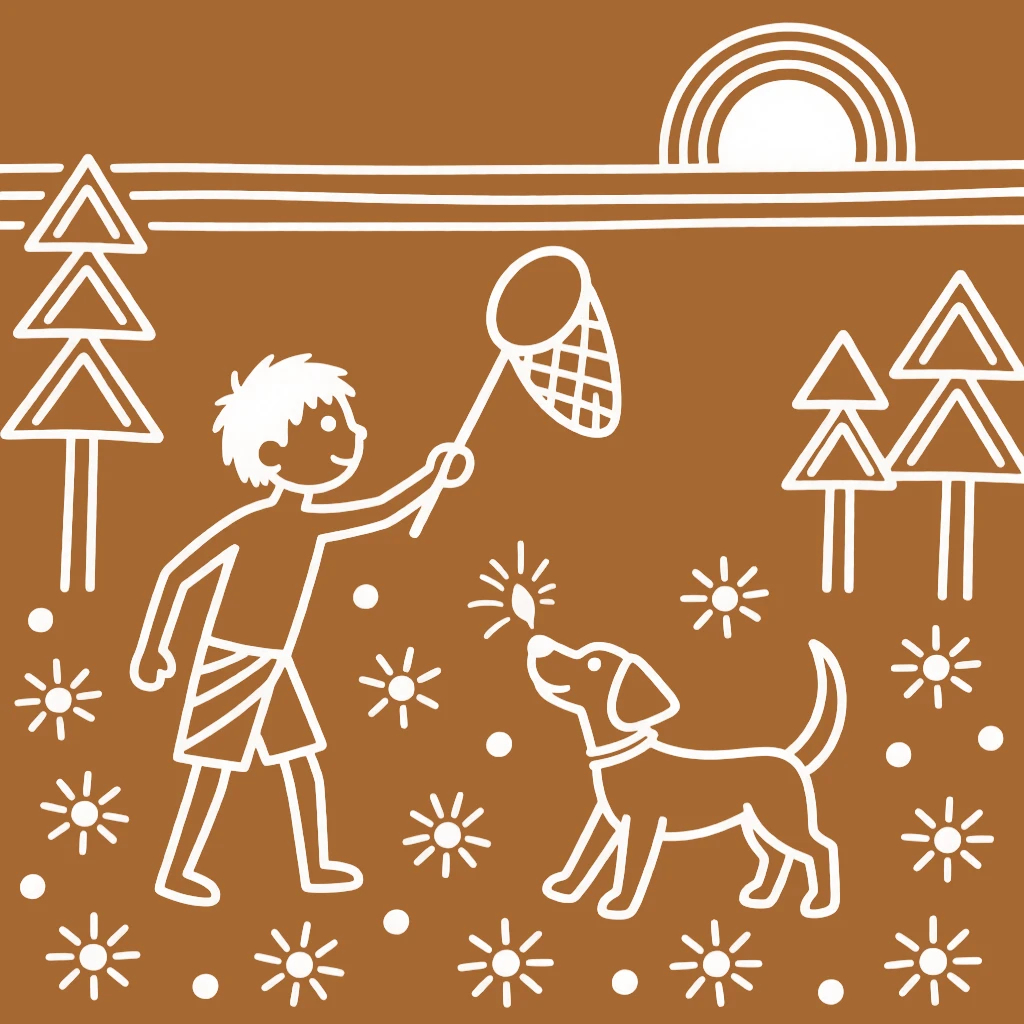 A boy and his pet dog catching fireflies at dusk.