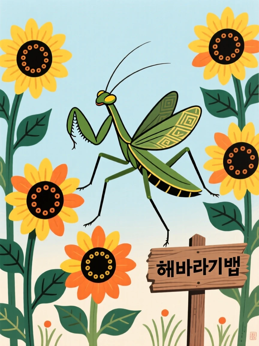 A praying mantis flitting between rows of sunflowers.