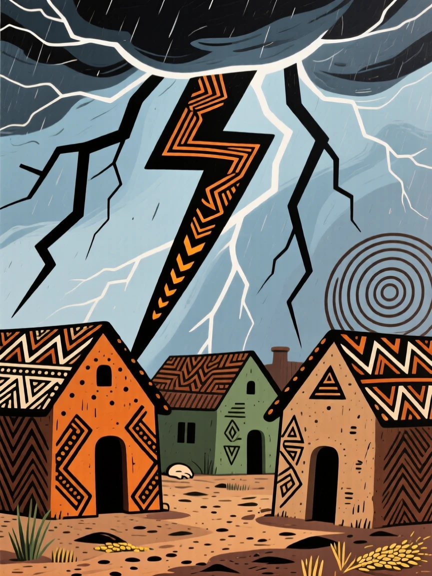 A dramatic lightning storm above a quiet sleeping village.
