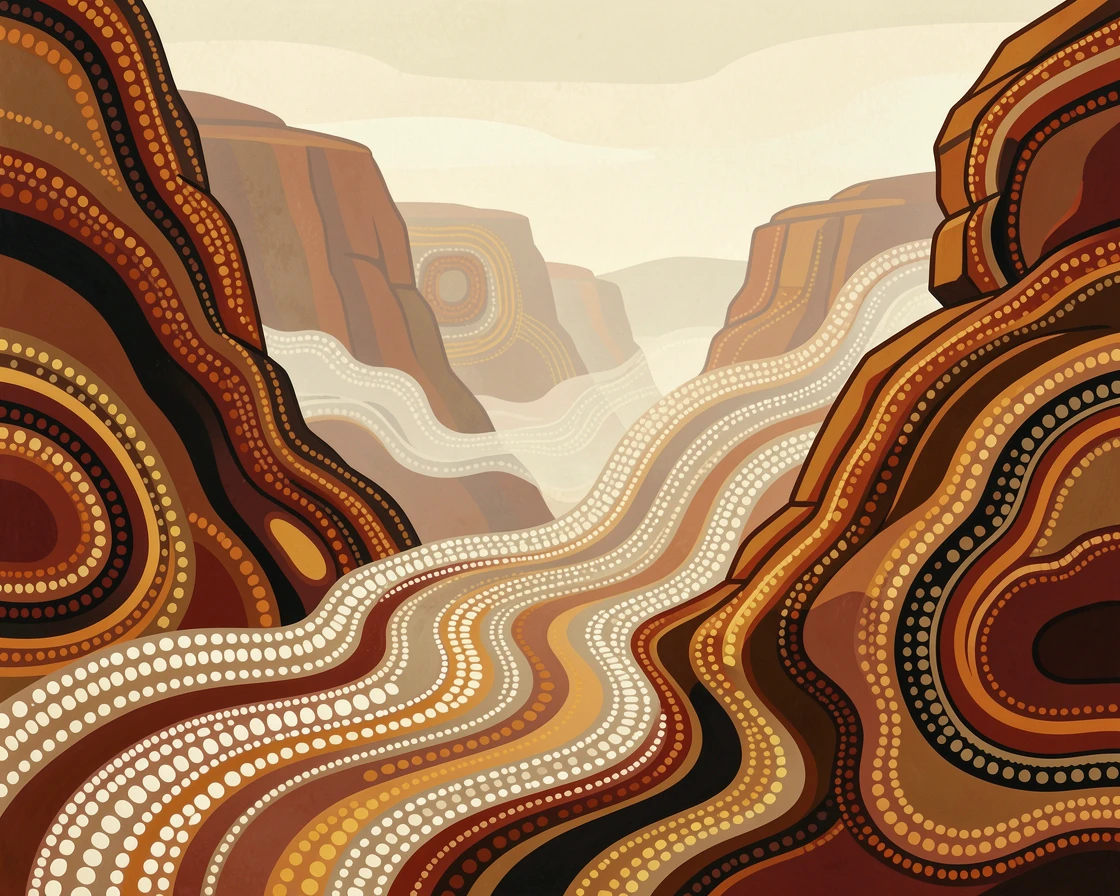 A windswept desert canyon shrouded in morning mist