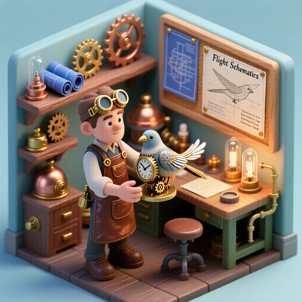 A steampunk inventor testing a clockwork bird in a workshop cluttered with gears, blueprints, and glowing vacuum tubes.