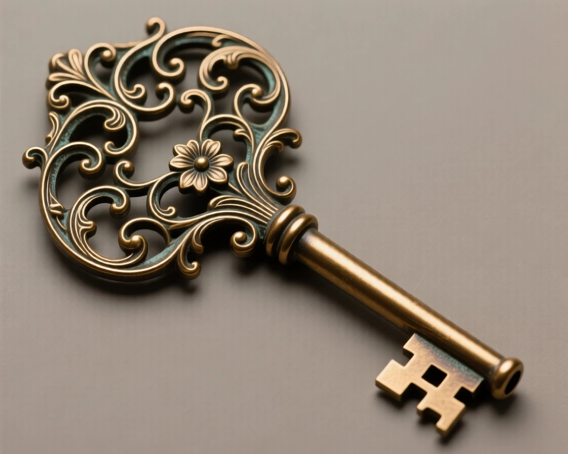 An ornamental key with elaborate scrollwork, capturing a sense of timeless luxury, radiating elegance and refinement
