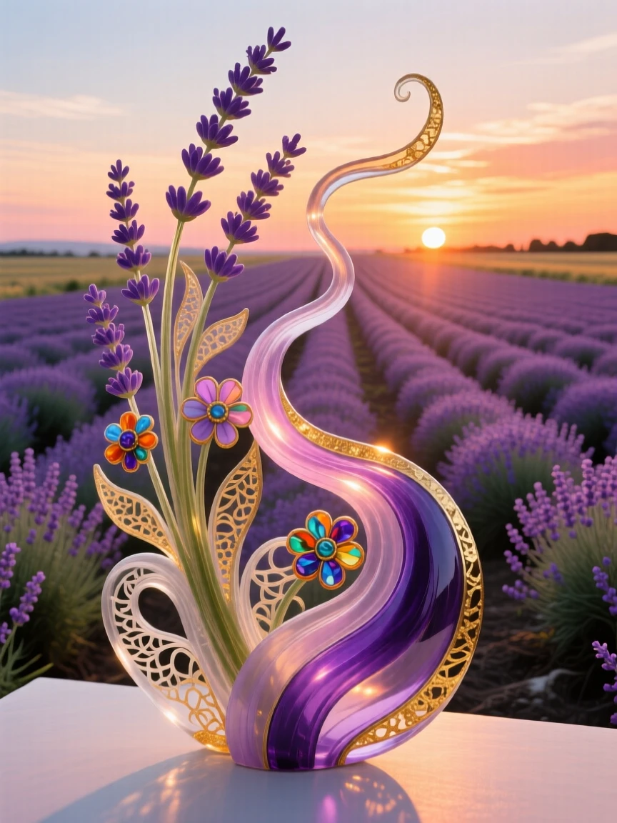 A field of blooming lavender rows stretching toward a glowing sunset, calming and vast.