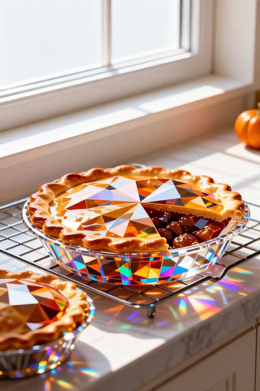A cozy Thanksgiving kitchen scene with pies cooling on a windowsill.