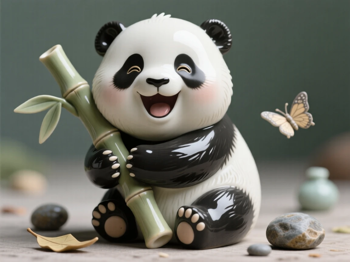 A round-faced baby panda hugging a bamboo stalk frozen mid-giggle in a joyful moment, framed by a scattering of small playful props, stirring an overwhelming urge to smile.