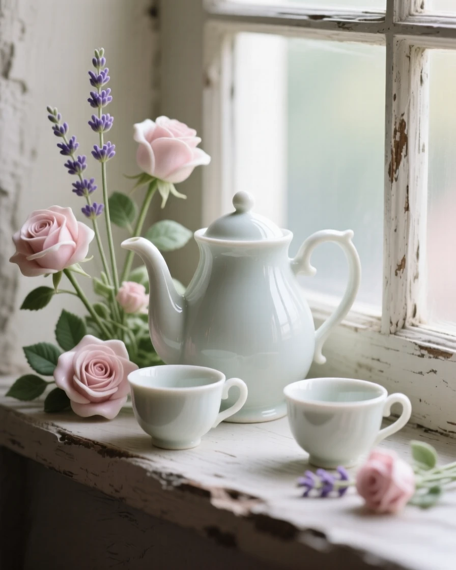 A refined still-life arrangement of a teapot, cups, and fresh flowers on a rustic windowsill, soft window light falling across the scene.