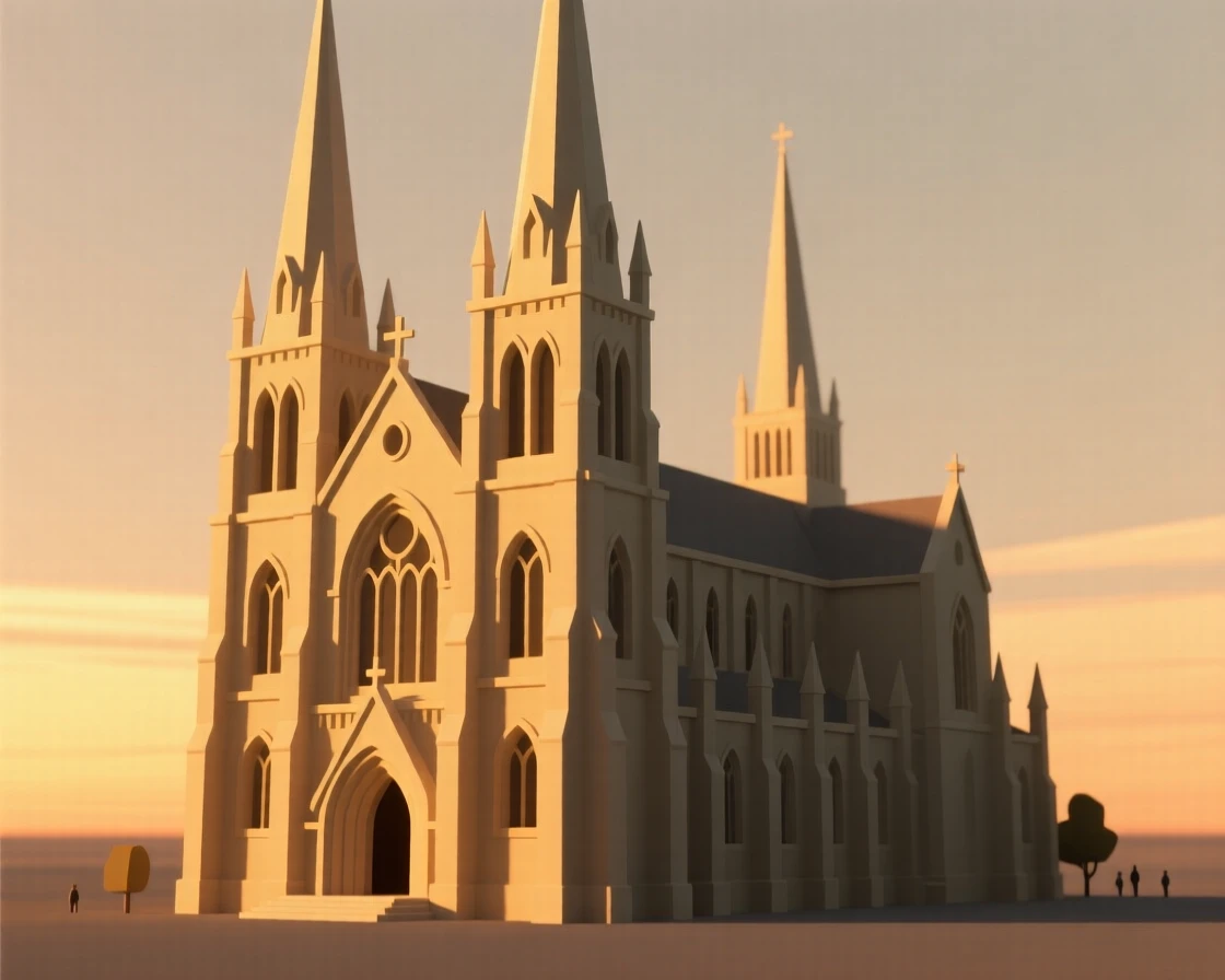 A grand old cathedral with soaring spires glows warmly in the last light of a golden sunset.