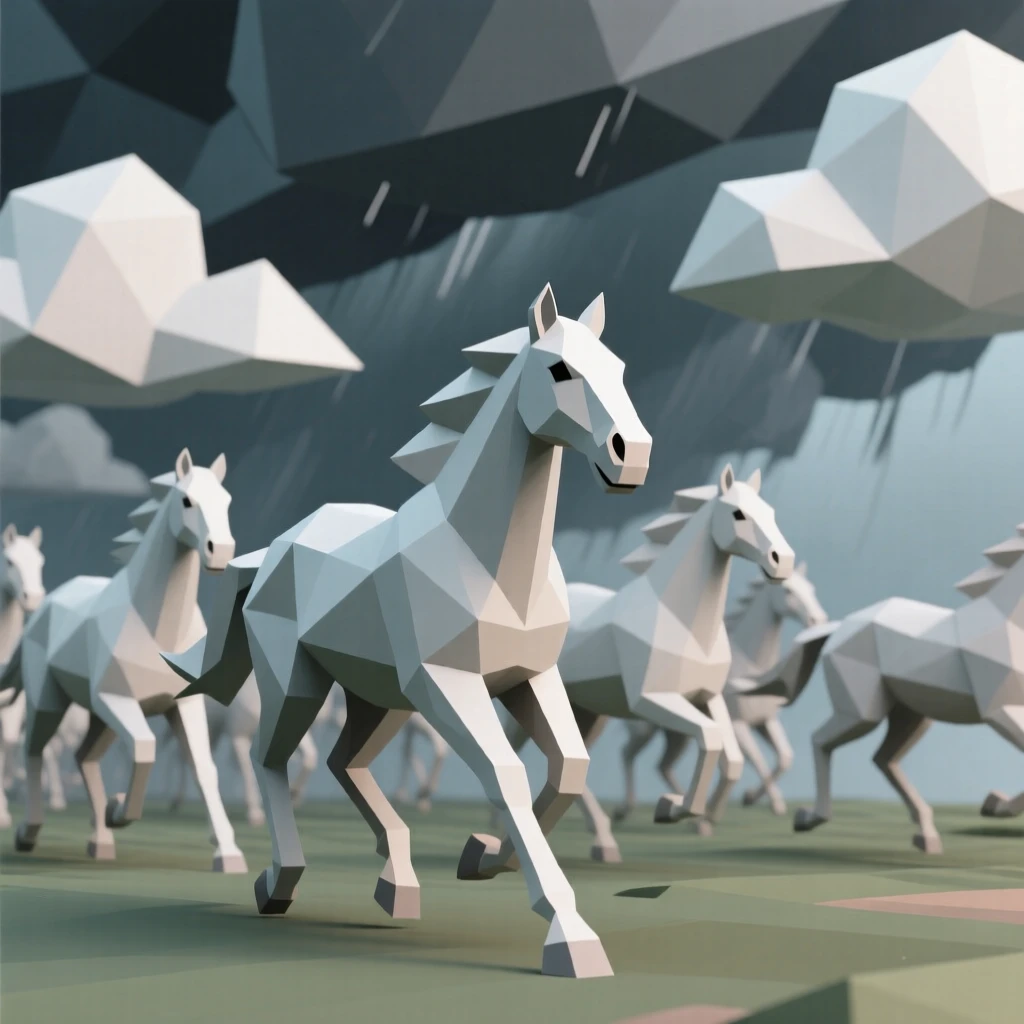 A herd of wild horses galloping freely, against a dramatic stormy sky. the framing draws the eye directly to its gaze. The scene feels calm and majestic.