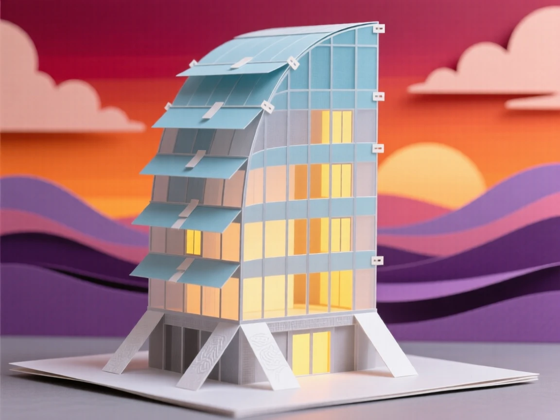 A futuristic curved glass skyscraper set against a vivid sunset sky, with warm interior light spilling outward, evoking timeless grandeur and reverence.