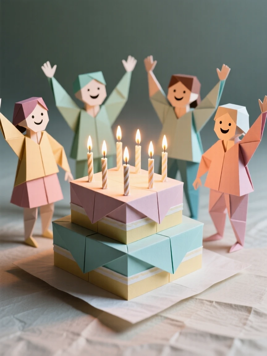 A birthday celebration scene with a cake covered in lit candles surrounded by cheering friends.