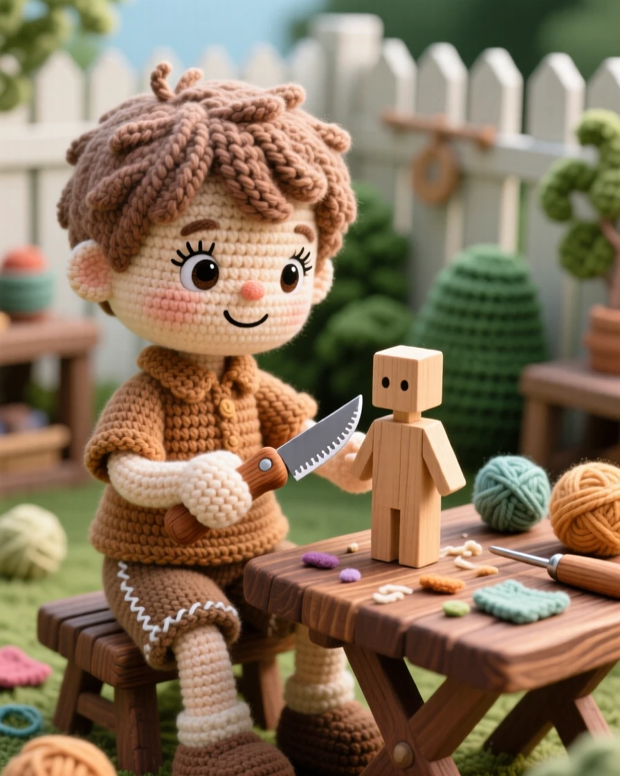 a small boy learning to whittle wood, with a small carving knife, is captured shaping a simple wooden figure in a quiet backyard workshop beside a scattering of craft supplies on the table, showing joyful discovery and playful learning.