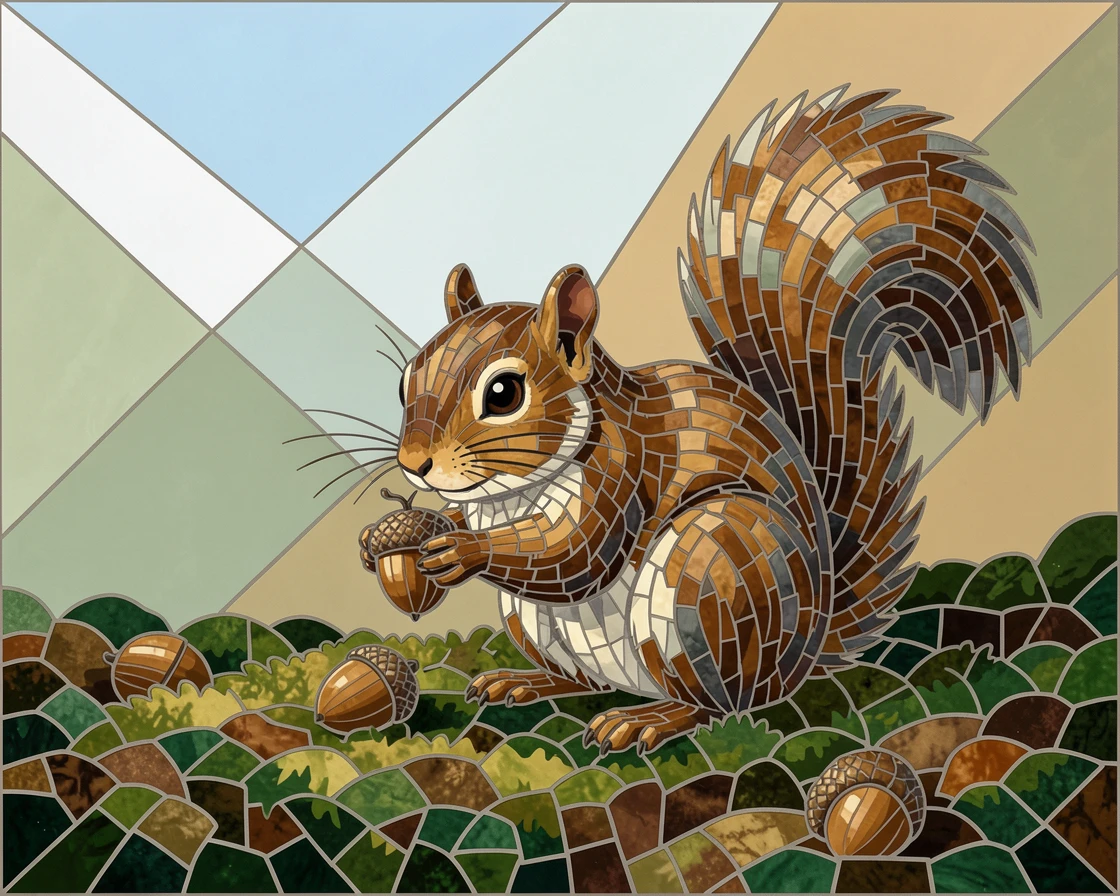 A close-up portrait of a squirrel gathering acorns on a mossy forest floor, showing rich fur or feather detail and expressive eyes.