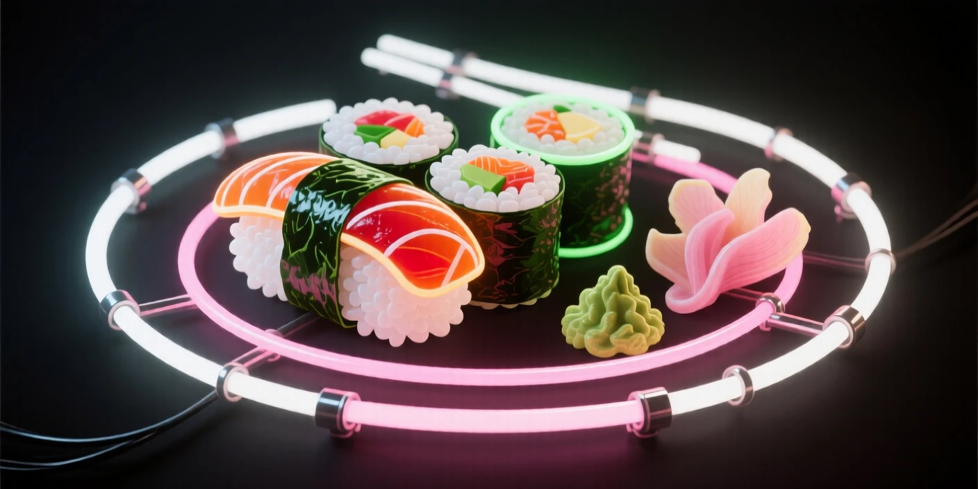 A plate of sushi rolls arranged with pickled ginger and wasabi.