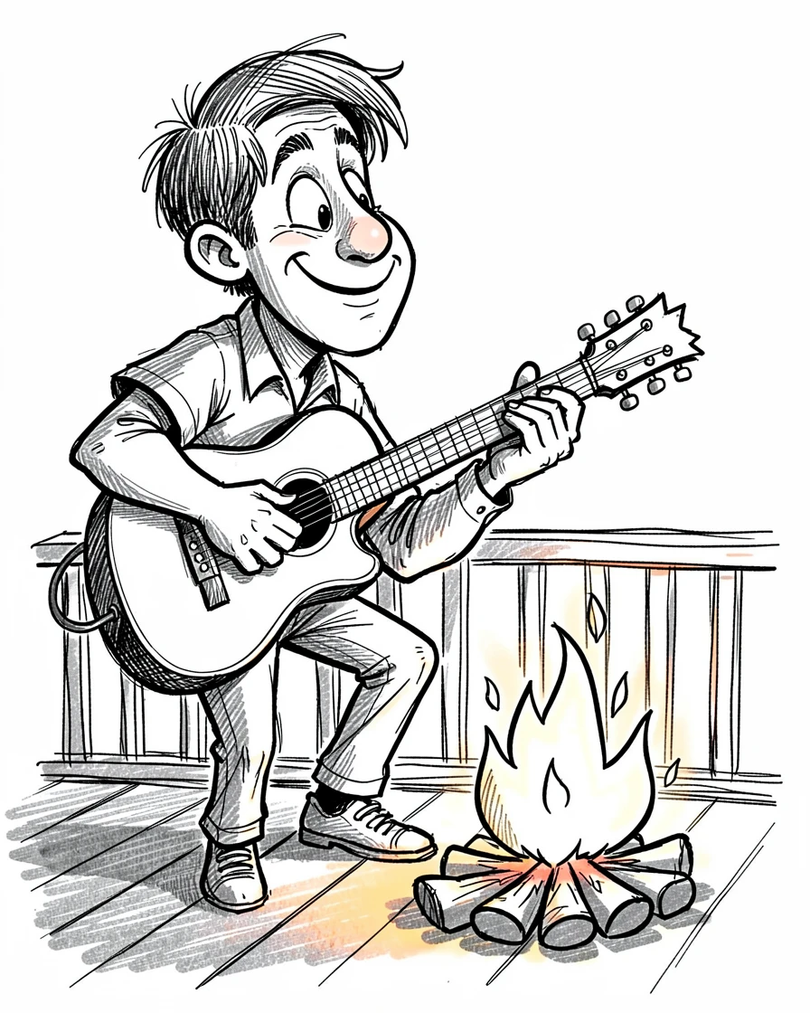 A guitarist strumming beside a campfire on a porch during a quiet weekend.