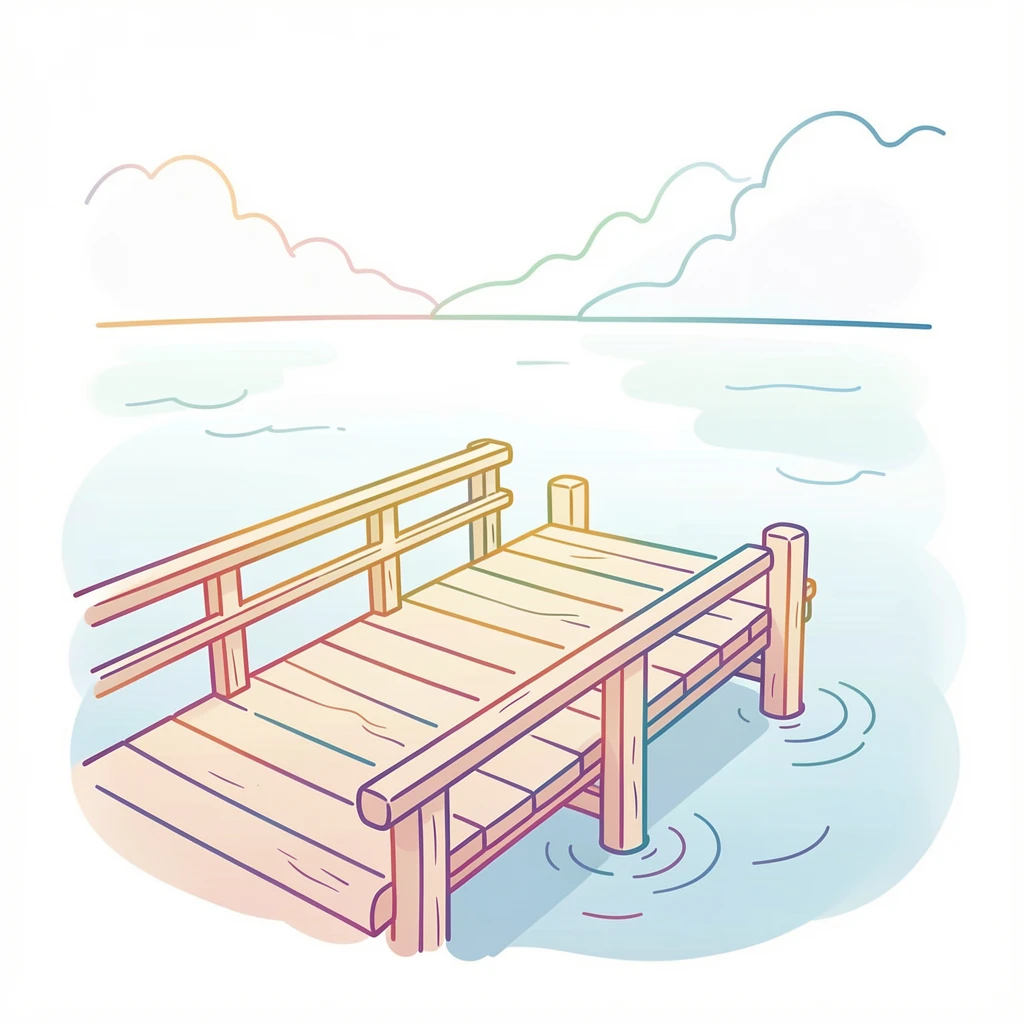 A single wooden pier extending into a calm, mist-covered lake.