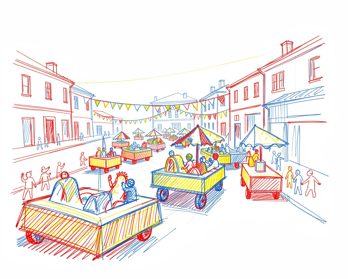 A colorful float parade winding through a festively decorated town square