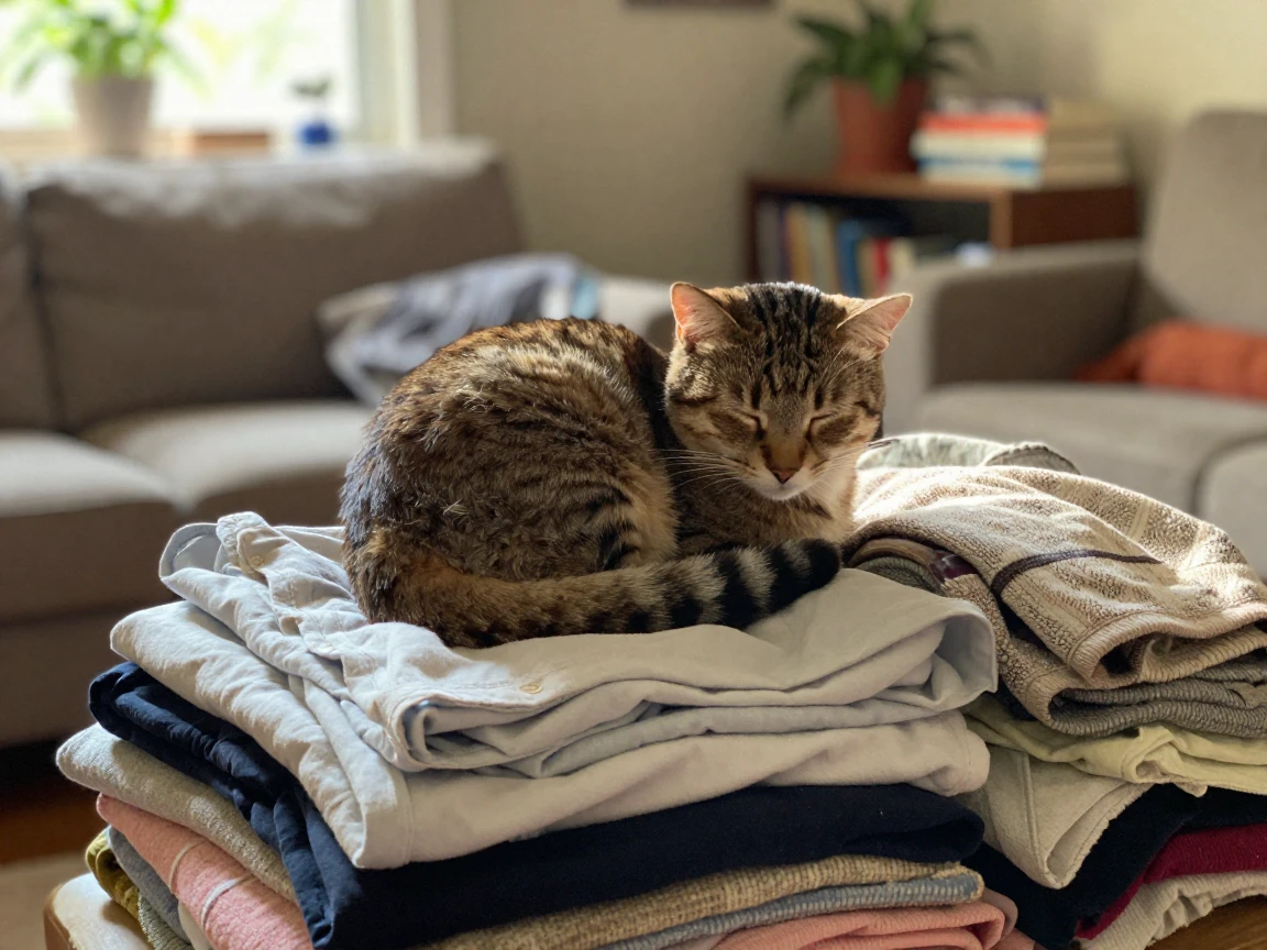 A cat curls into a perfect circle on a stack of folded warm laundry.