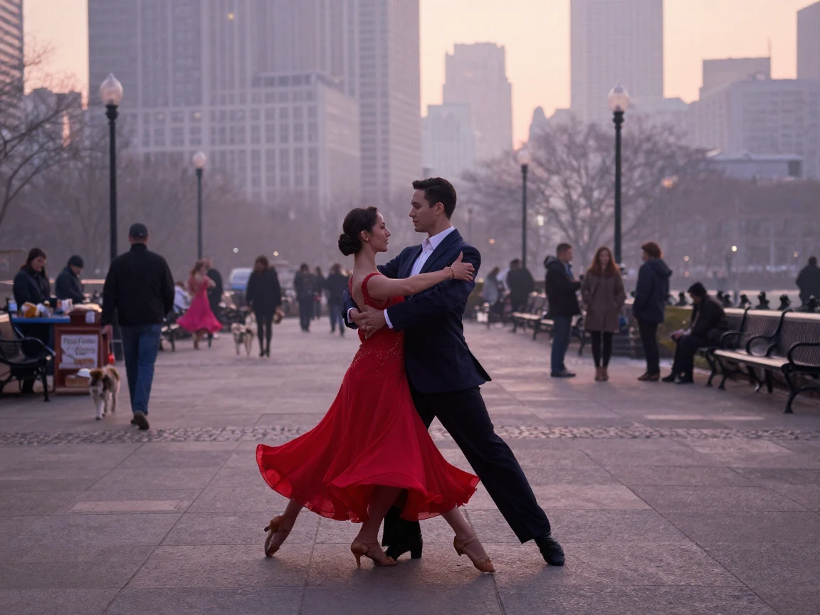 A ballroom dancing couple training at dawn before the world wakes in a crowded city plaza
