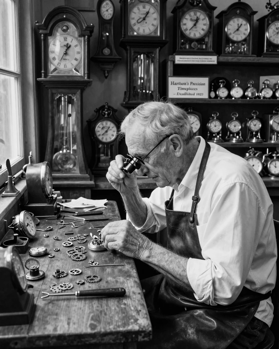 A watchmaker adjusts tiny gears under a loupe inside a narrow clock shop.