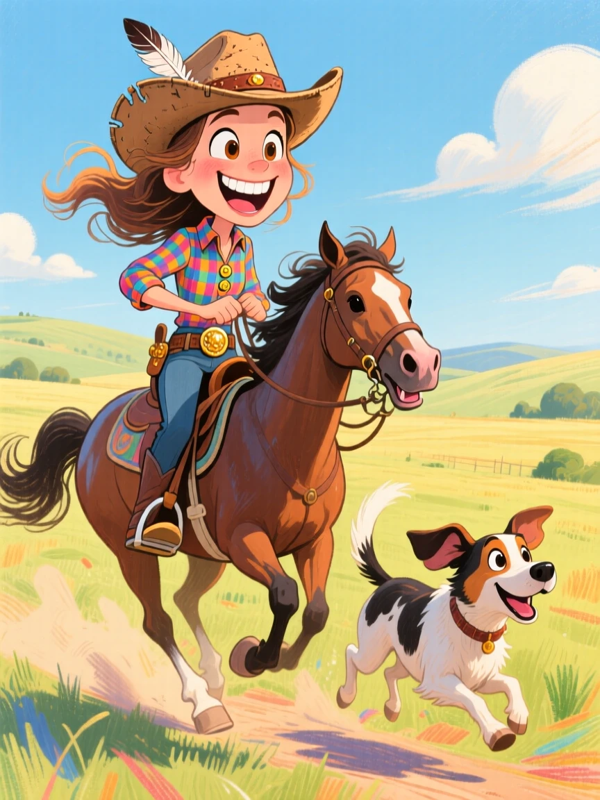 A cowgirl riding alongside her loyal cattle dog through an open field.