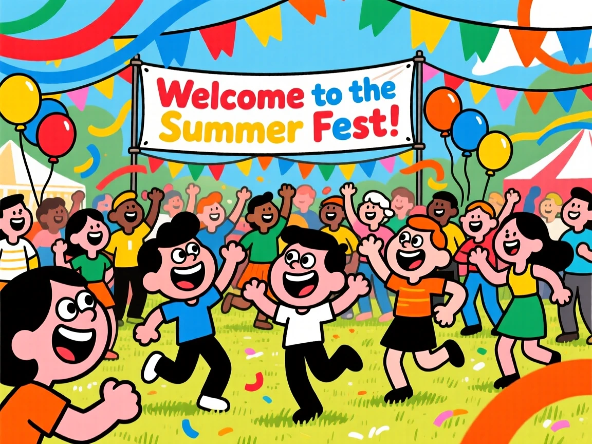 A festive celebration scene of a lively crowd dancing joyfully at an outdoor festival, surrounded by colorful decorations and streamers.