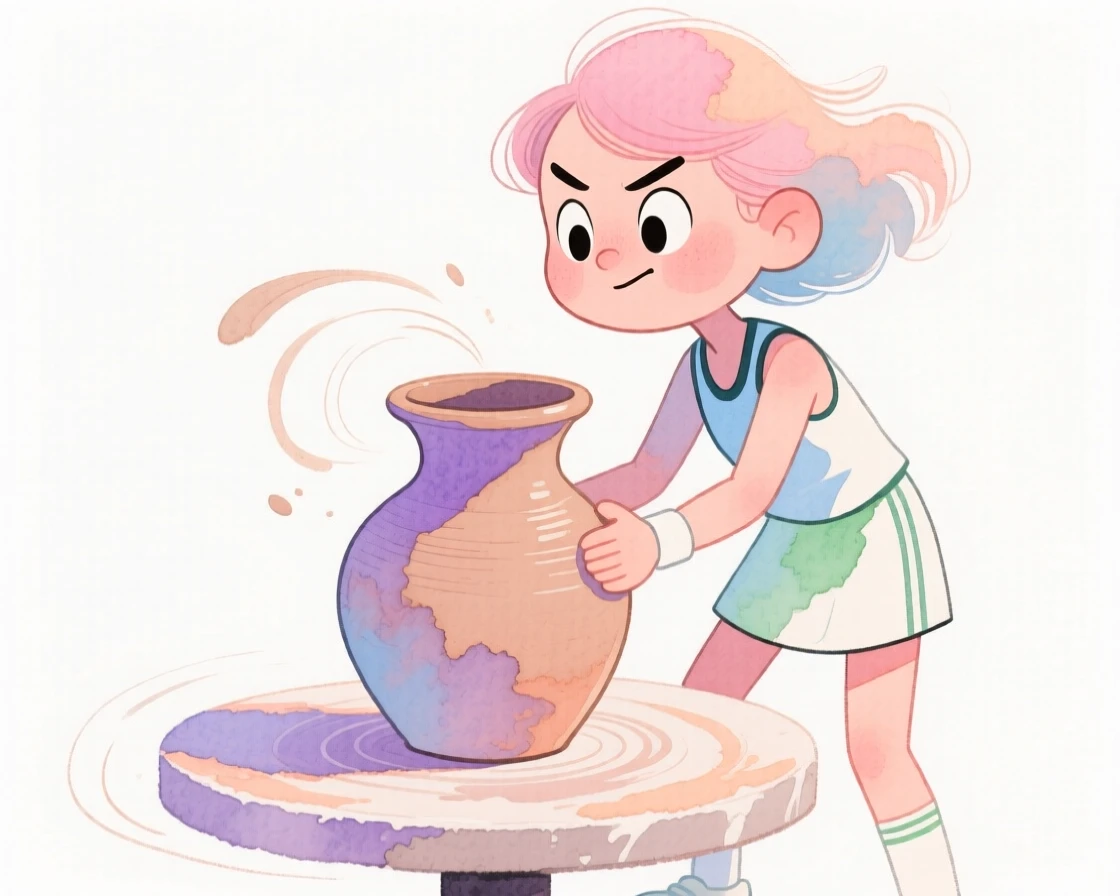 A tennis player shaping a spinning vase of clay