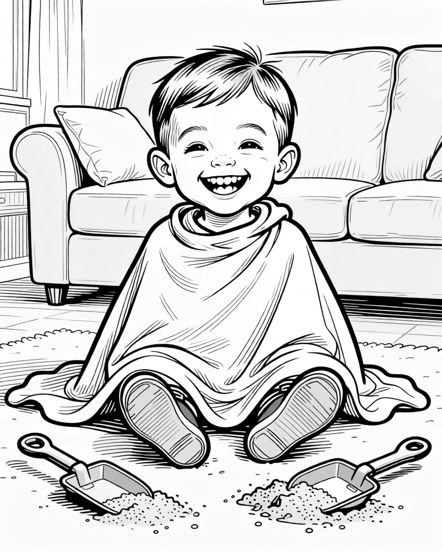 A toddler determined to put shoes on the wrong feet, grinning so wide the gap is impossible to miss, set in a living room draped in a bedsheet cape. A plastic shovel lies abandoned in the sand. It feels like a cherished memory frozen in time.