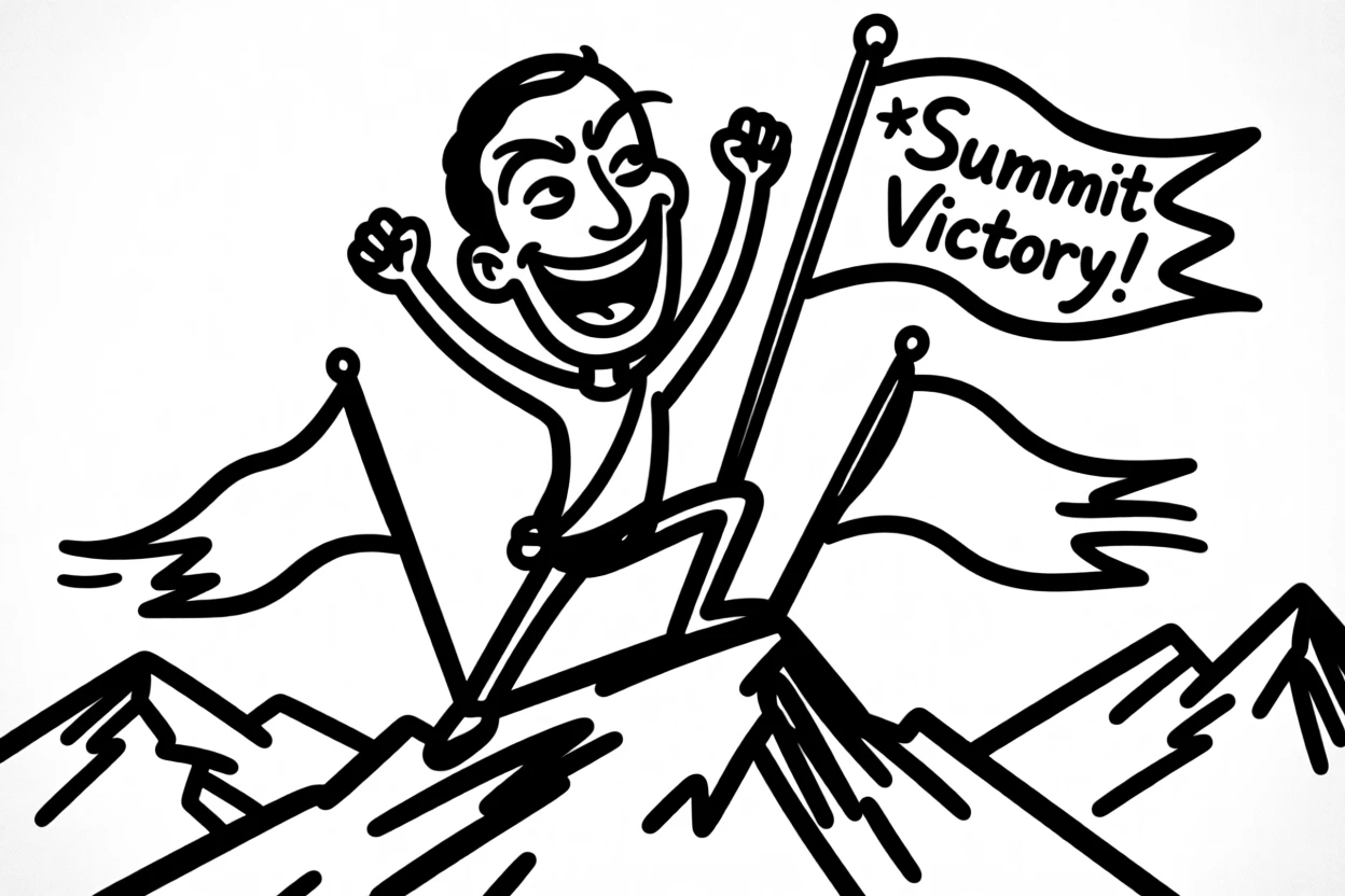 A climber celebrating at the summit of a snow-capped peak, flags whipping in the wind.
