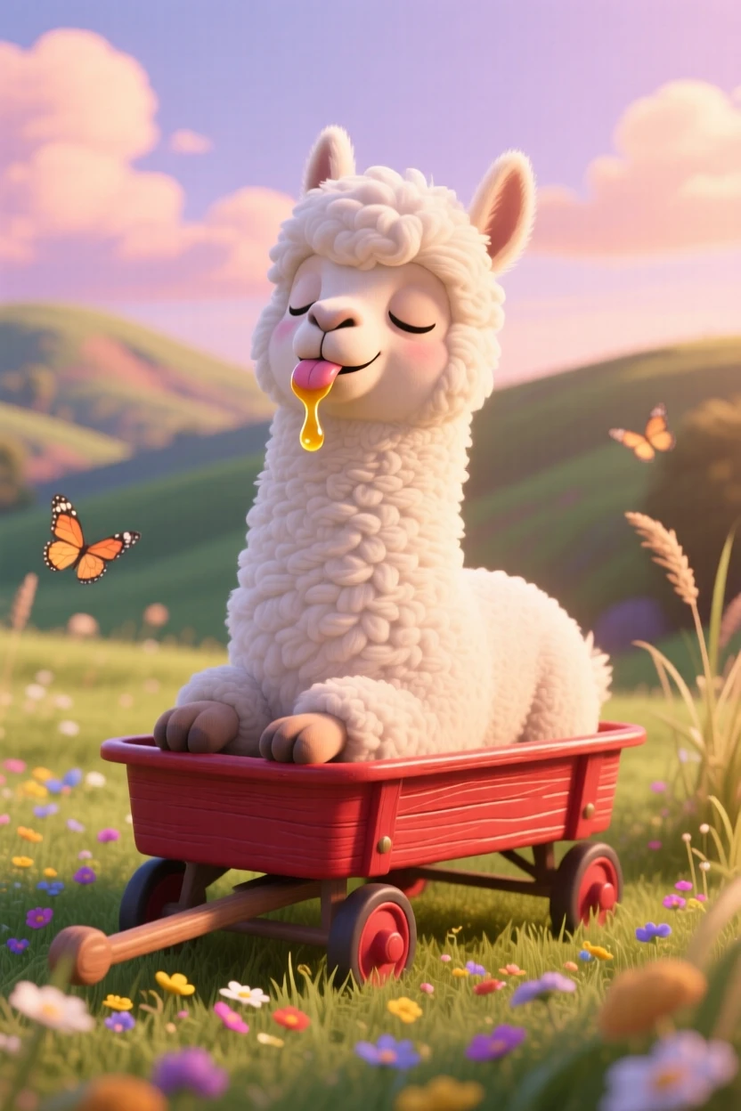 A fluffy alpaca is riding in a small red wagon, licking a drop of honey off its nose. A gentle, sleepy calm fills the moment, with soft light catching its fur.
