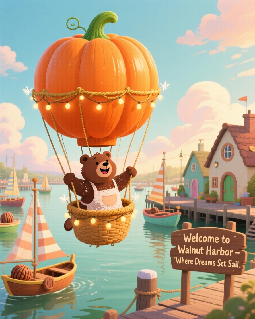 A bear who runs a bakery delights in steering a hot air balloon shaped like a pumpkin, tucked within a bustling harbor for walnut-shell boats, with everything wrapped in a cozy, storybook charm.