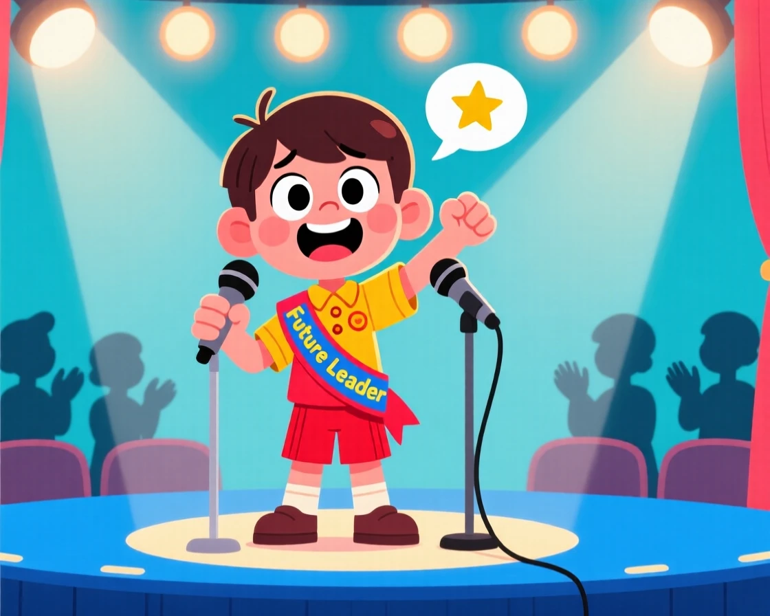 A young student overcoming a fear of public speaking with a big smile.