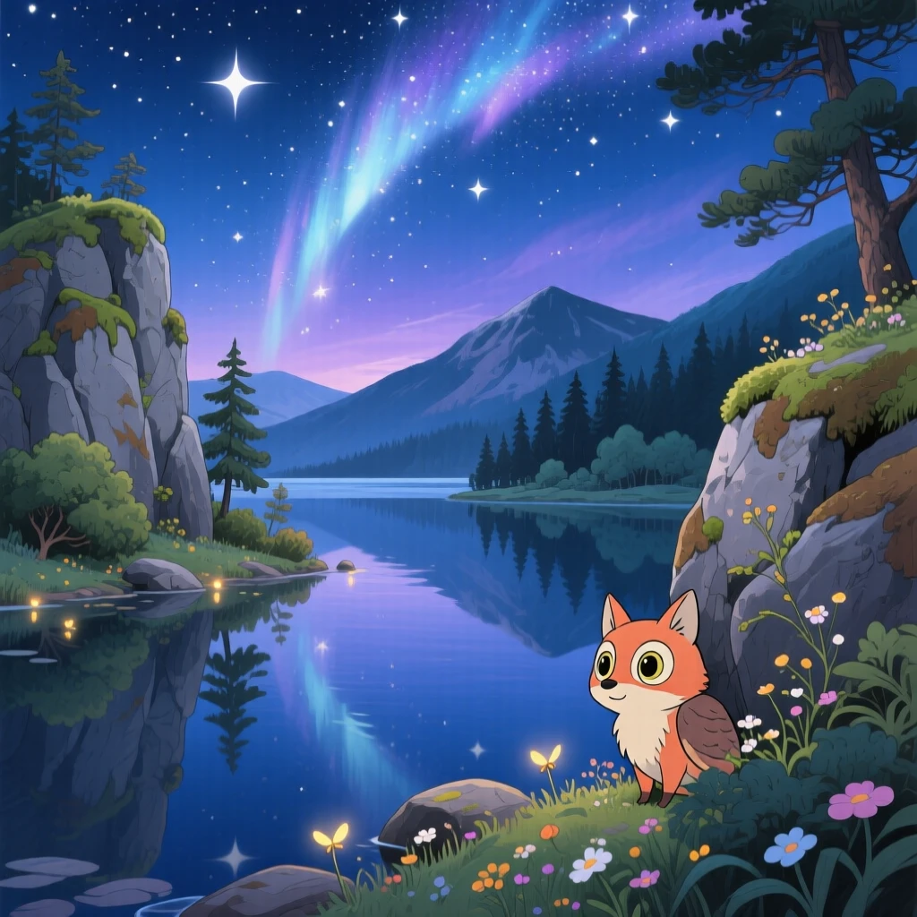 A stunning view of a starry night sky arching over a silent mountain lake, framed between two rocky outcrops.