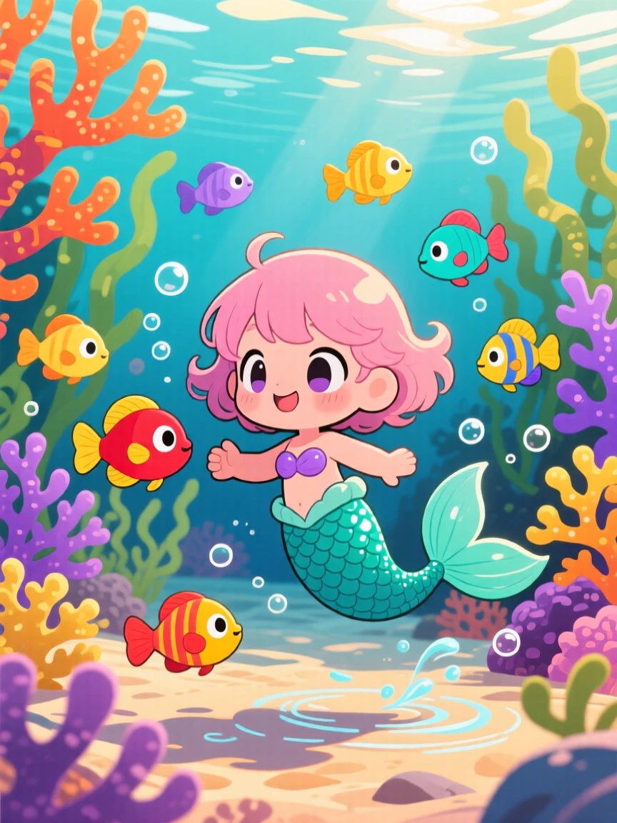 A mermaid child playing tag with a school of colorful fish in a vibrant coral reef on a breezy coastal afternoon; warm lamplight washes over the scene as peaceful calm fills the moment. Silhouette composition.