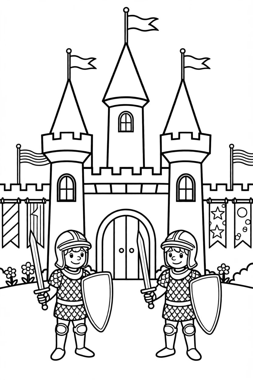 A castle guarded by friendly knights and colorful banners