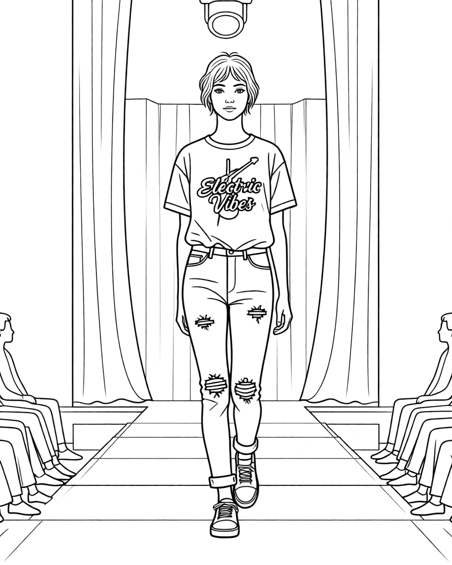 A vintage band t-shirt paired with ripped jeans, photographed on a runway during a fashion show.