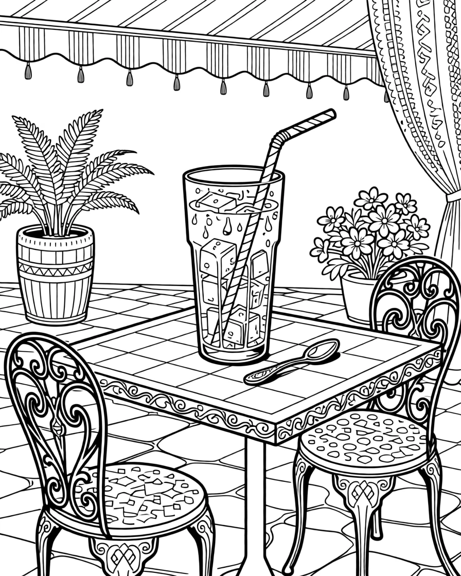 A cozy iced coffee scene with a striped straw on a sunny café patio.