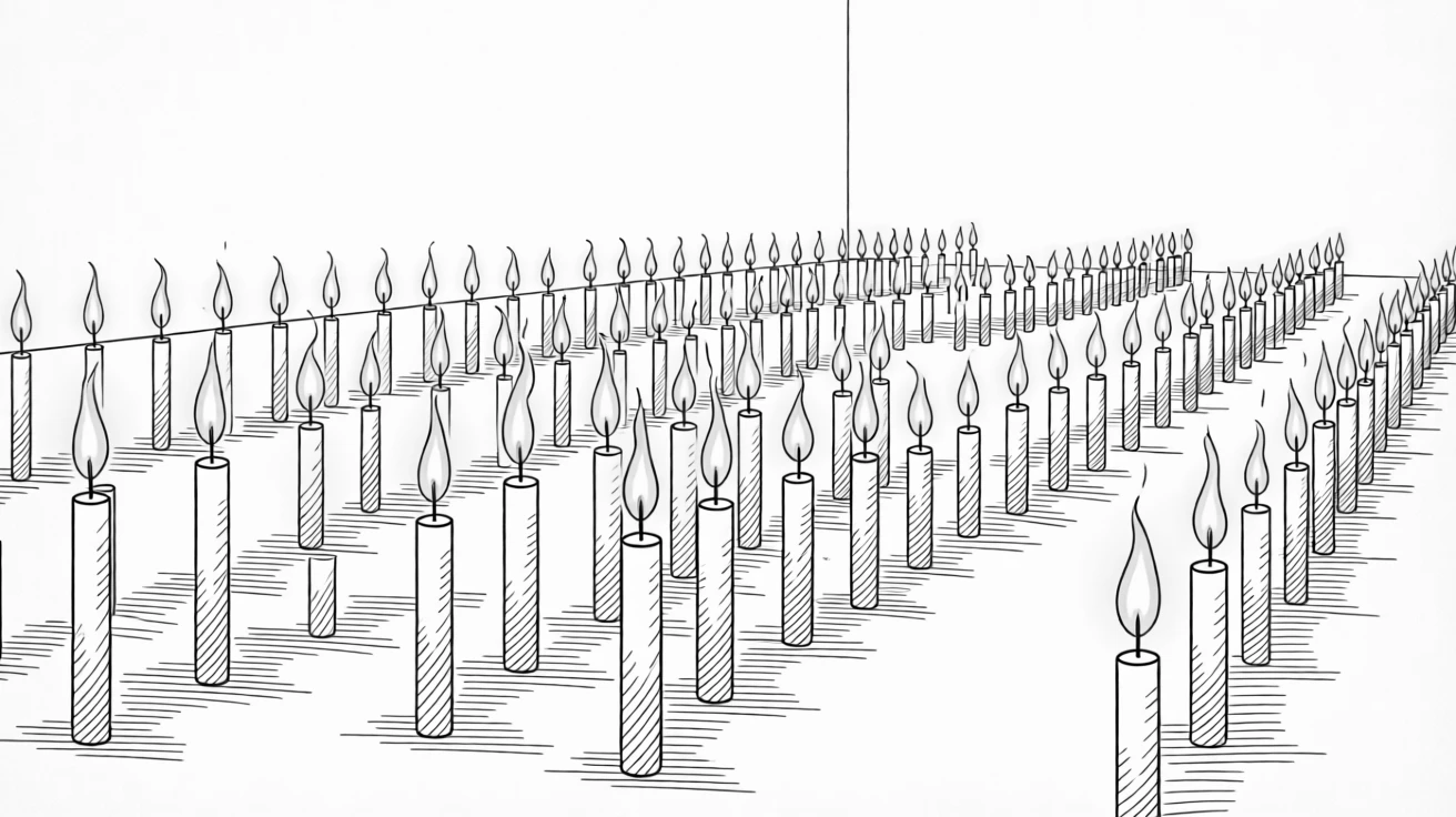 A candlelight vigil with rows of glowing candles