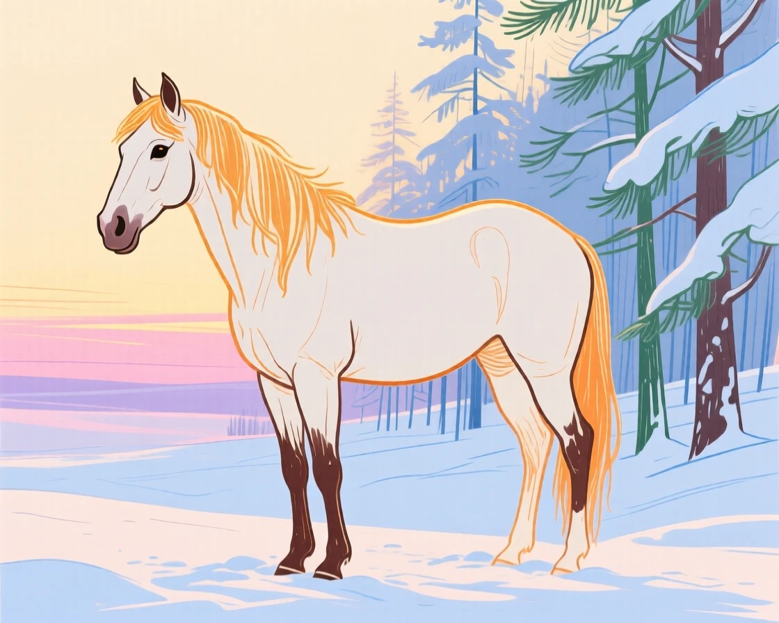 A wild mustang watching the horizon in a snowy pine forest during golden hour.