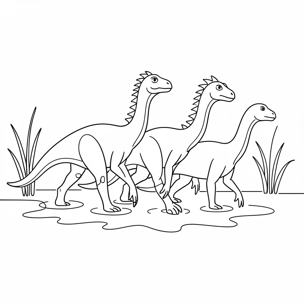 A group of Iguanodon wading through a shallow prehistoric swamp