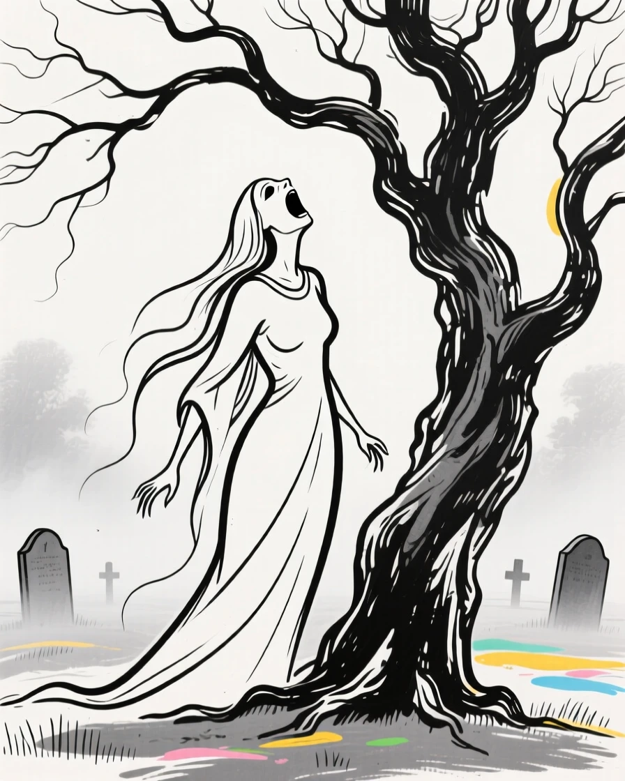 A banshee wailing beneath a gnarled tree in a misty graveyard.