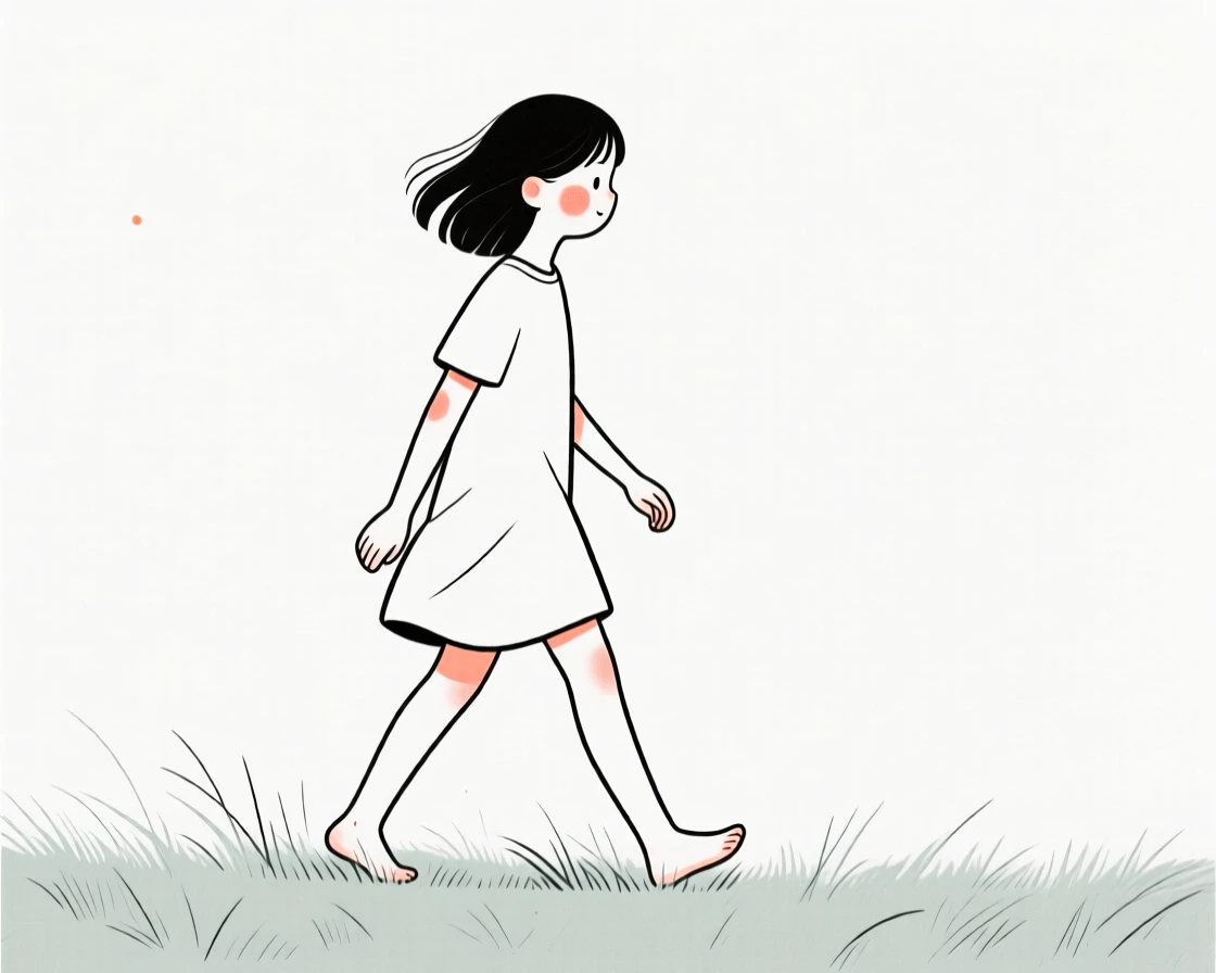A teenage girl walking barefoot on cool grass.