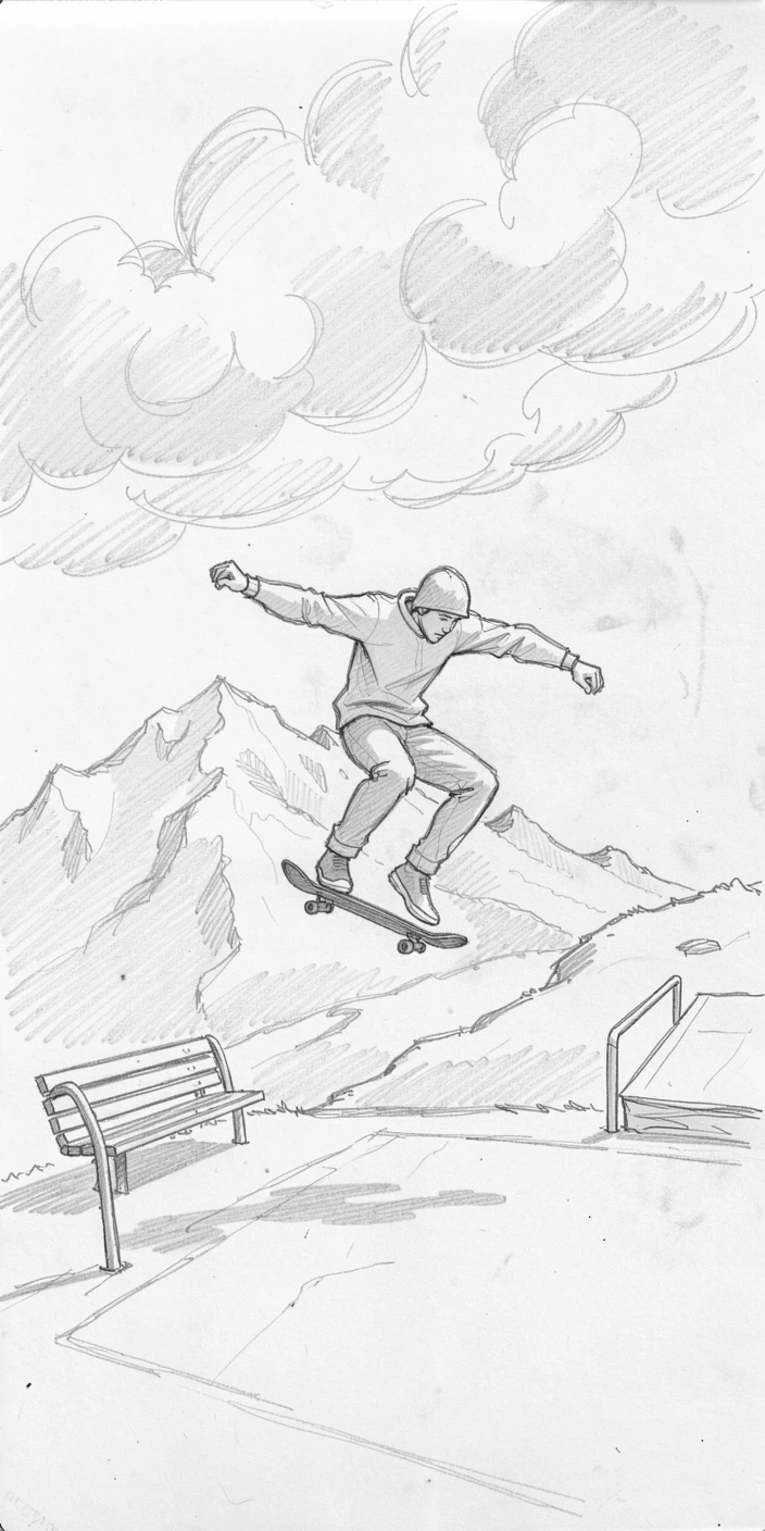 A dynamic action shot of a skateboarder catching air at a sunlit park atop a snowy mountain peak, with dramatic clouds rolling in overhead.