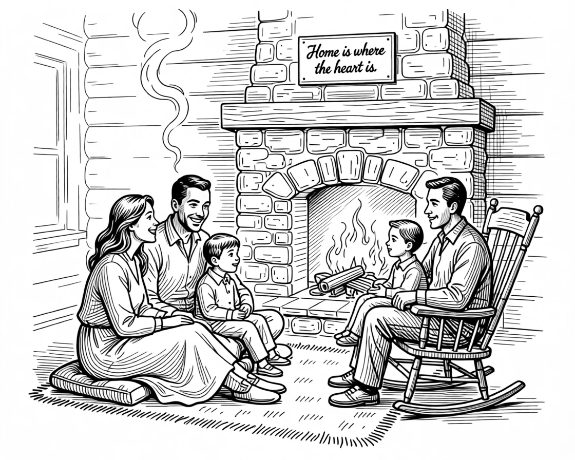 A family gathered around a fireplace sharing stories on a winter evening.